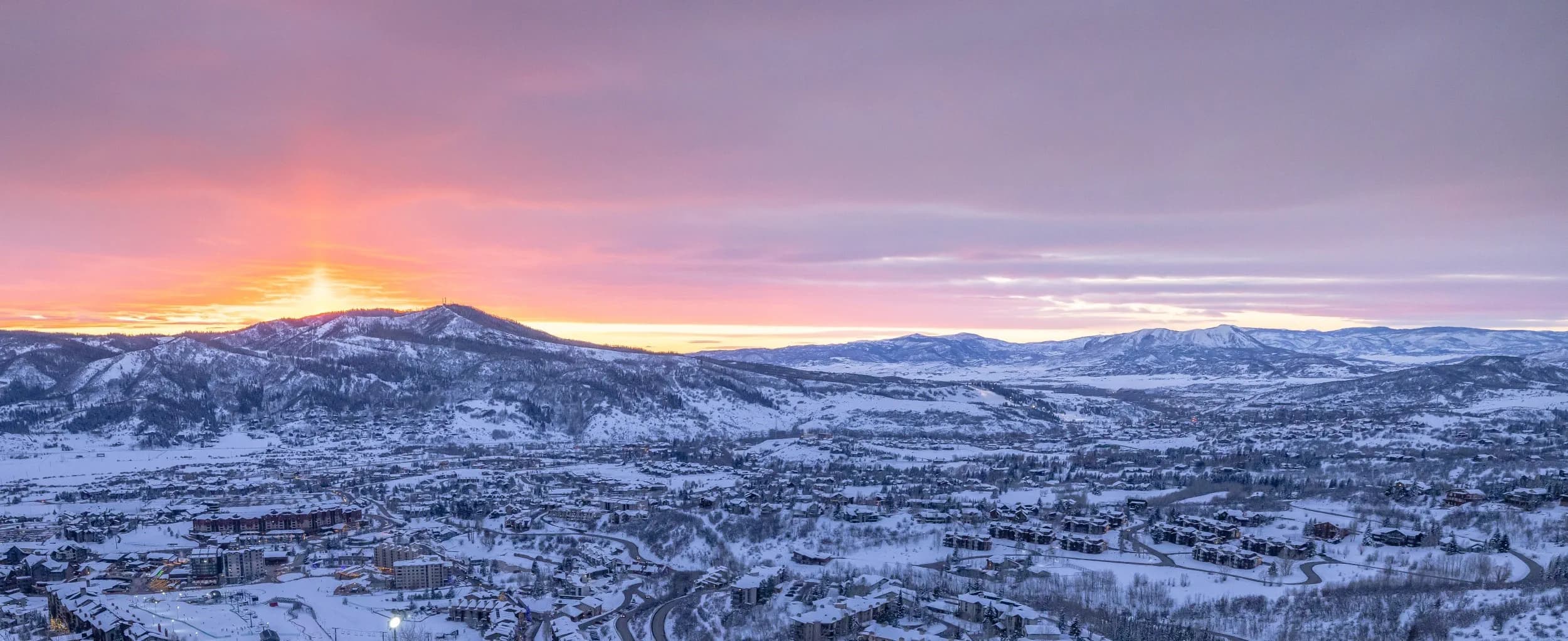 Steamboat Springs panoramic winter sunset view