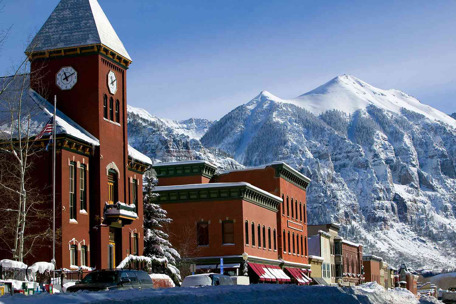 Telluride in winter with snow-covered mountains and ski slopes