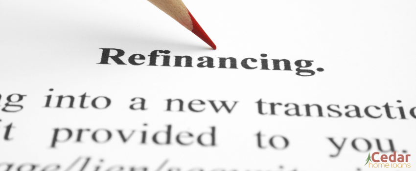CHL - A red colored pencil pointing to a printed refinancing text on a white paper